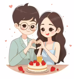 two people standing in front of a cake with berries