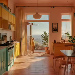 a child in a kitchen looking out from the open doors