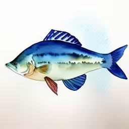 a fish is painted with watercolors on paper,a blue fish painted with a watercolor pencil