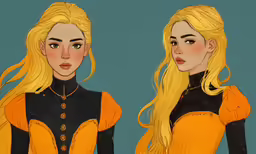 two blonde haired girls are standing next to each other