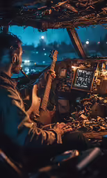 a man sits inside an airplane playing a guitar