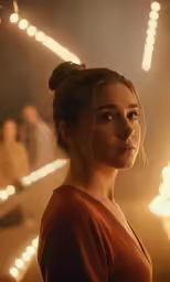 a woman is in the middle of a dimly lit room