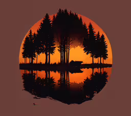 a bright circle on a black and red background,an orange sunset over a body of water with trees in it