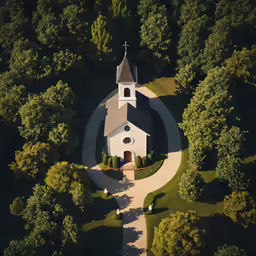 a beautiful church surrounded by trees is on display