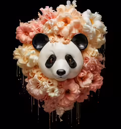 a black and white panda bear surrounded by flowers