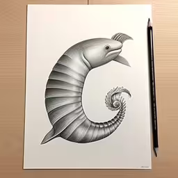 a black and white picture of an animal with a spiral tail