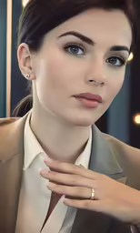 a woman with dark hair and wearing a tan suit