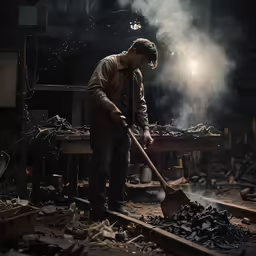 man working on construction in wood shop with smoke