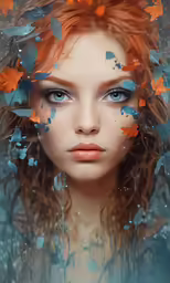 a beautiful young girl with red hair and blue eyes is shown through her face