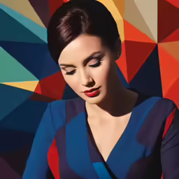 a woman standing in front of a colorful wall