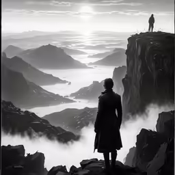 a man stands on a hill overlooking a valley