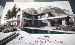 there is a big house with a big pool in front of it