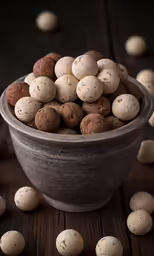 a small bowl full of small brown and white speckled eggs