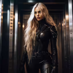a blonde woman in black clothes stands by some metal doors,a blonde model dressed in black with long hair