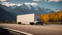 a truck driving along a mountain highway during the day,a semi truck driving down a road with trees on the side of the road