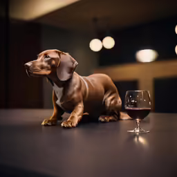 a dog looks up at a glass of wine
