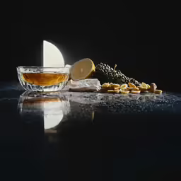 a glass with some tea and lemon on it