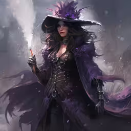 a woman wearing black and a purple hat with feathers,a woman dressed in witch costume holding a magic stick
