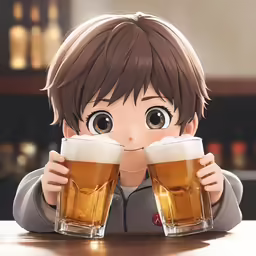 a man in grey coat holding two mugs of beer