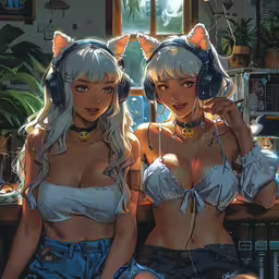 two cartoon characters sitting in front of a desk,two sexy women wearing headphones and bunny ears