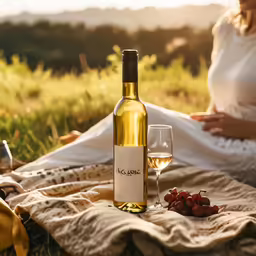 woman with wine bottle and glass in open field