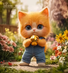 there is a small orange kitty that is holding something
