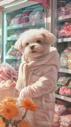 a dog wearing a fur coat is standing in front of some flowers,dog dressed in fur coat next to orange flowers