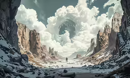 a view looking at mountains in an incredible painting