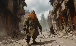 a man with long red beard and red long beard standing in the middle of a alley