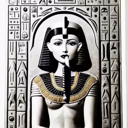 an egyptian goddess poses with her lip on the tip of her nose