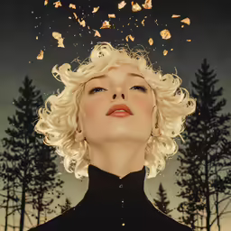 a woman with blonde hair blowing out her hair in the air