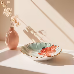 the vase is next to the flowered bowl
