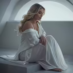 a blonde woman in a white dress sitting on a concrete bench