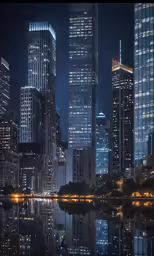 there are tall buildings in the city that are lit up