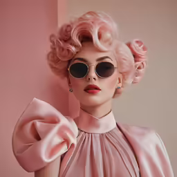 a woman with short pink hair wearing sunglasses