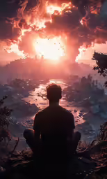 there is a person watching some huge fire