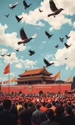 a large crowd is standing in front of a temple while many birds fly overhead