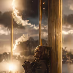 a woman looking out the window at clouds