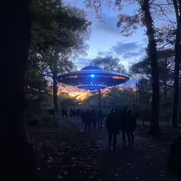 people are walking in a wooded area, and the image is blue with an neon colored light,people walking around and looking at a large object
