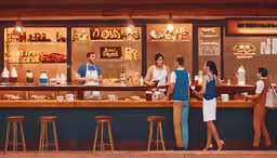 people standing at counter waiting for items in the oven,an animated drawing of some people ordering