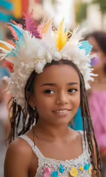 little girl with long braids wearing a flowered headband