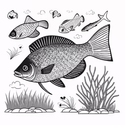a line drawing of several fish swimming together in water