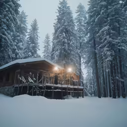 a cabin in the woods under a snowy sky
