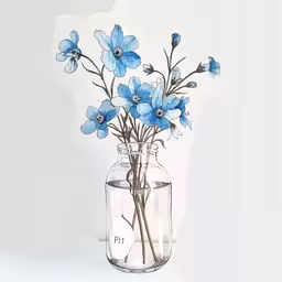 a clear vase with some flowers in it,a mason jar filled with blue flowers on top of a table