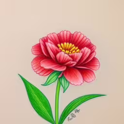 a large pink flower has green stems and red petals,a drawing of a flower, with the word