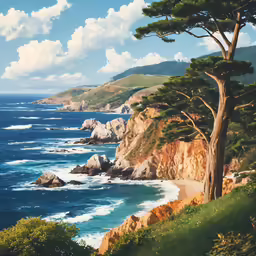 a painting of the coastline, trees and clouds