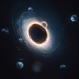 an artwork image of a black hole with stars and planets surrounding it
