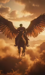 there is a man riding on the back of a horse with wings