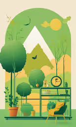 this is a picture of a table in the grass,green house with trees, couch and chair on landscape