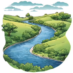 a landscape with green hills, a blue river and trees